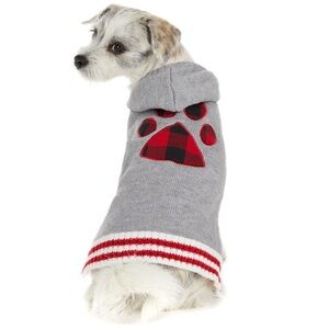 Chilly Dog Paw Print Sweater Hooded Gray Red Black Plaid Medium